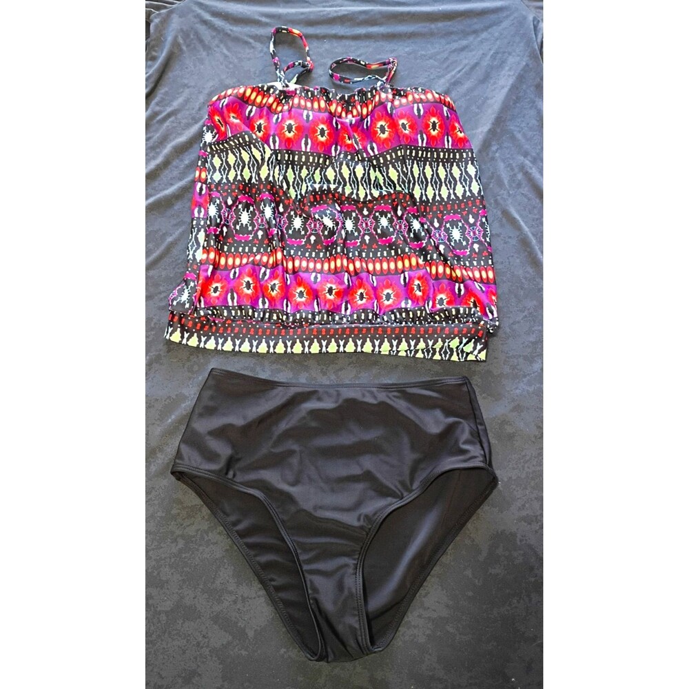 Women’s 2-Piece Geometric Tankini Top w/ Swim Briefs Multicolor/Black Size S